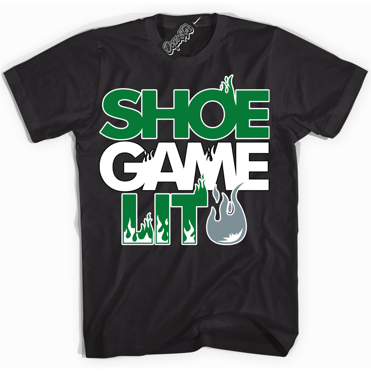 Cool Black Shirt with “ Shoe Game Lit ” design that perfectly matches Lucky Green 5s Sneakers.