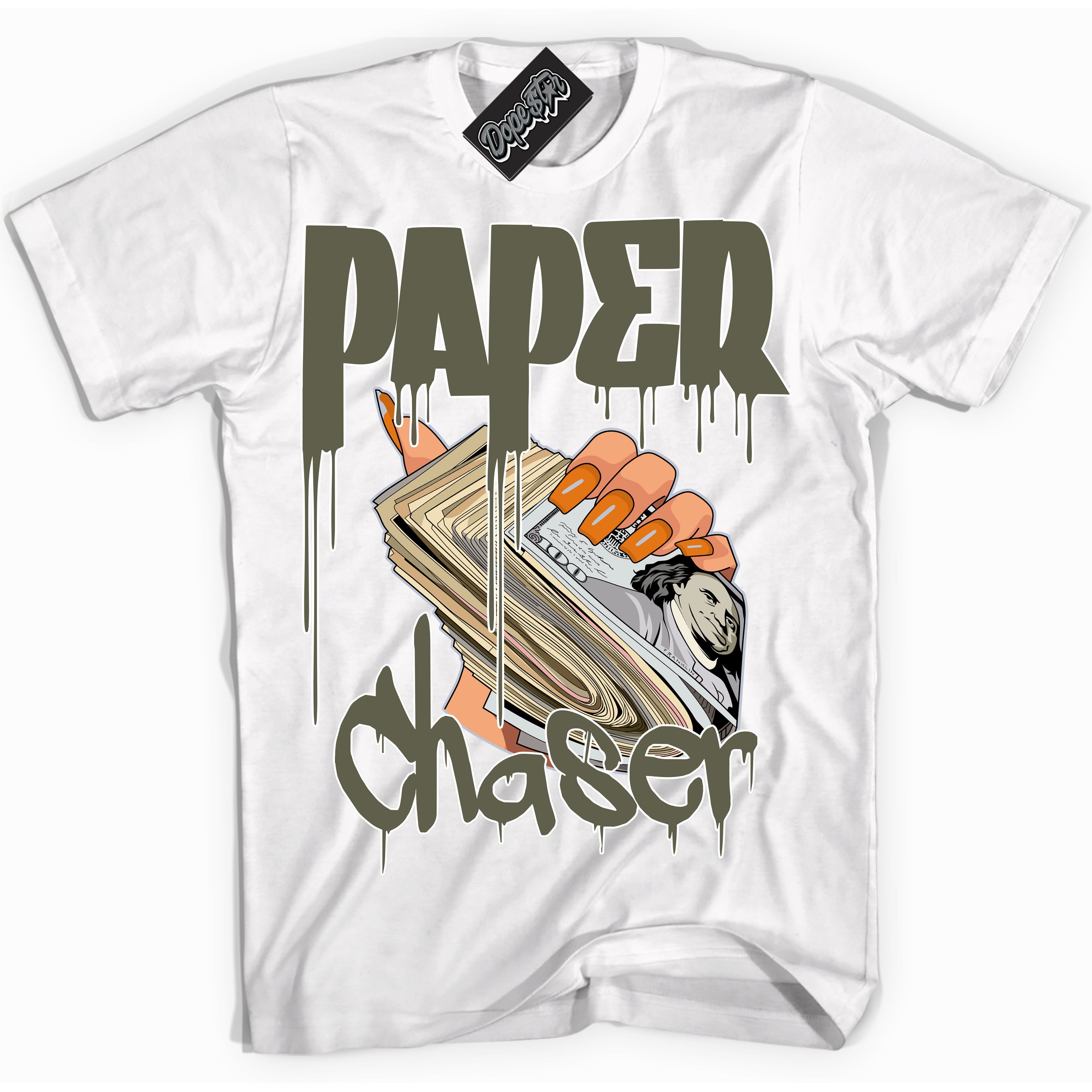 Cool White Shirt with “ Paper Chaser” design that perfectly matches Olive 5s Sneakers.