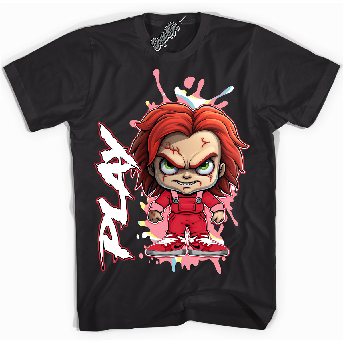 Cool Black graphic tee with “ Chucky Play ” design, that perfectly matches Spider-Verse 1s sneakers 