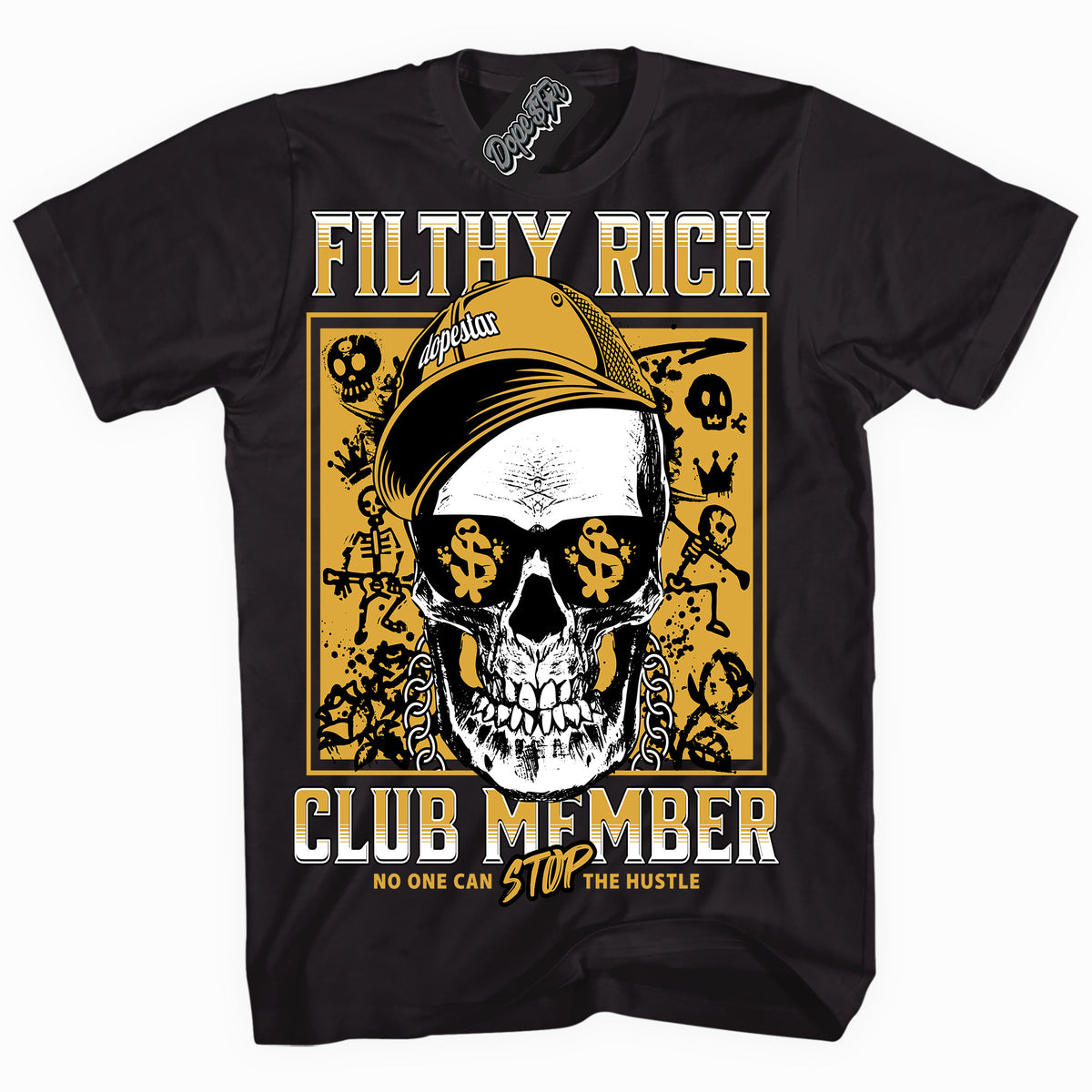 Cool Black Shirt With Filthy Rich design That Perfectly Matches YELLOW OCHRE 6s Sneakers.