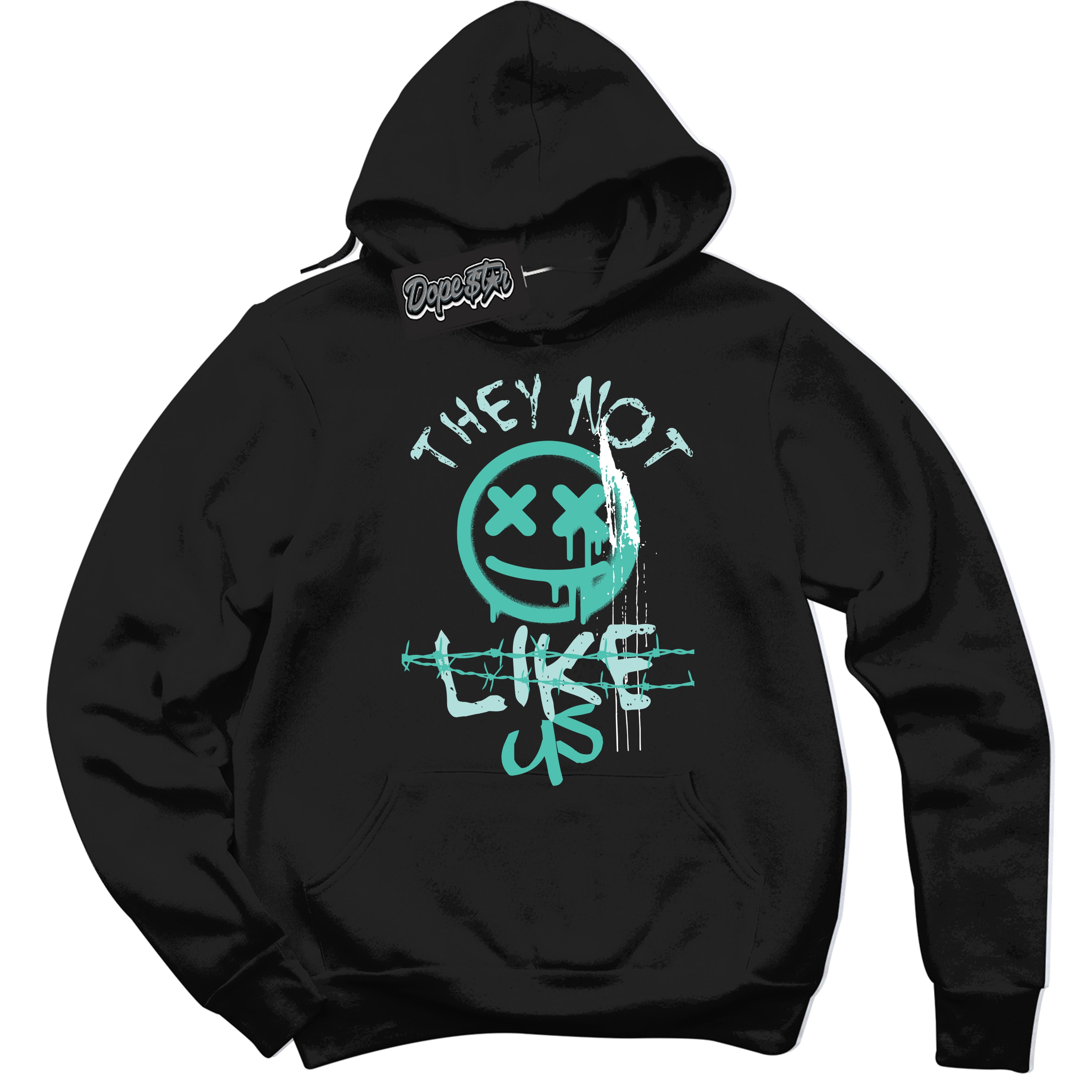 Black “They Not Like Us” Hoodie by Dope Star Brand®, styled to match Washed Teal 1s sneakers
