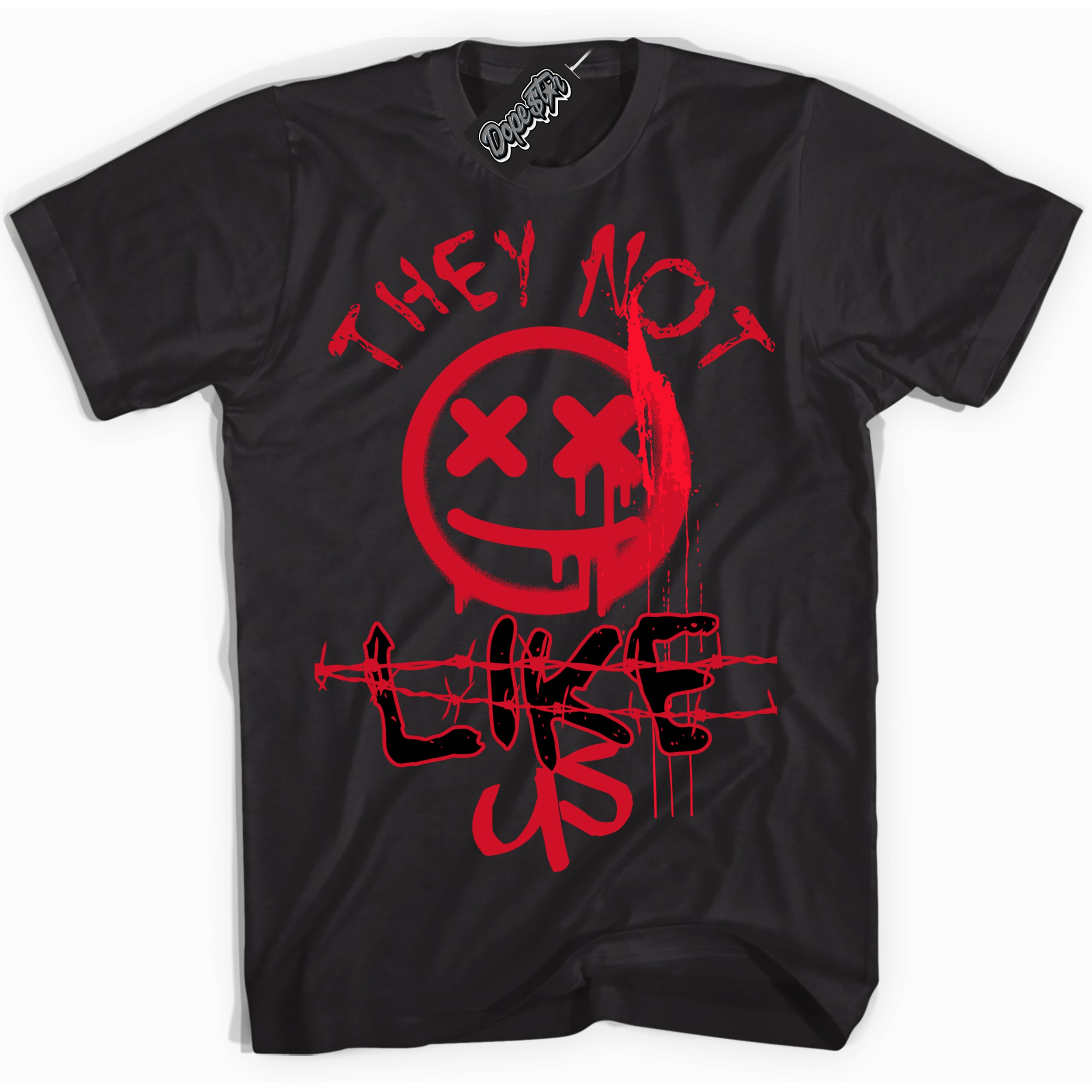 Black “They Not Like Us” T-shirt by Dope Star Brand®, styled to match Bred 1s sneakers