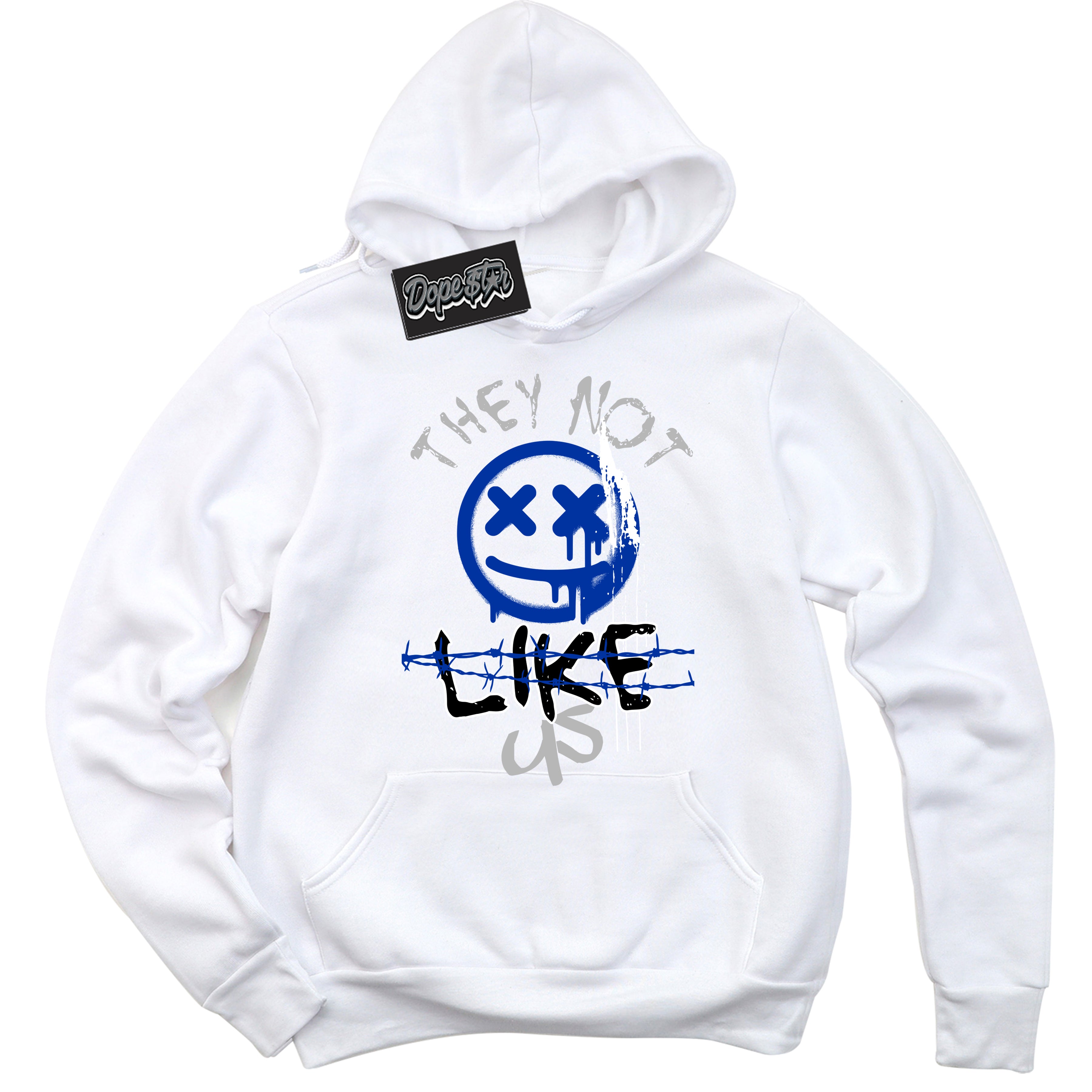 White “They Not Like Us” Hoodie by Dope Star Brand®, styled to match Deep Royal Blue 1s sneakers