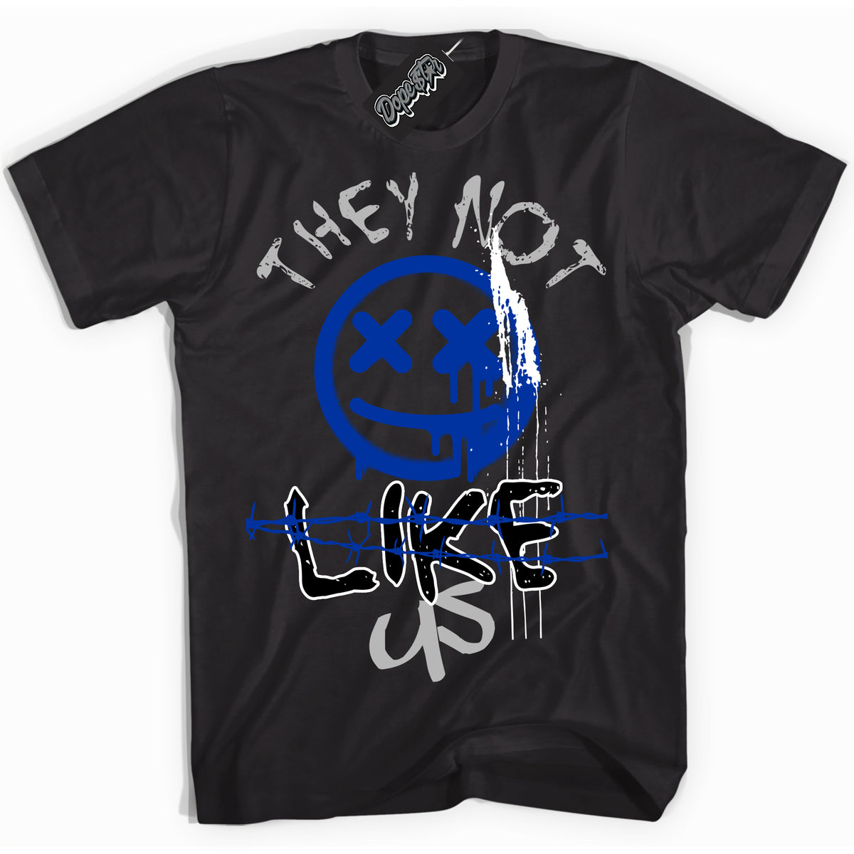 Black “They Not Like Us” T-shirt by Dope Star Brand®, styled to match Deep Royal Blue 1s sneakers
