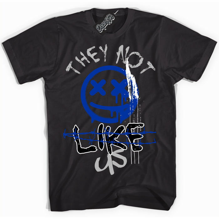 Black “They Not Like Us” T-shirt by Dope Star Brand®, styled to match Deep Royal Blue 1s sneakers
