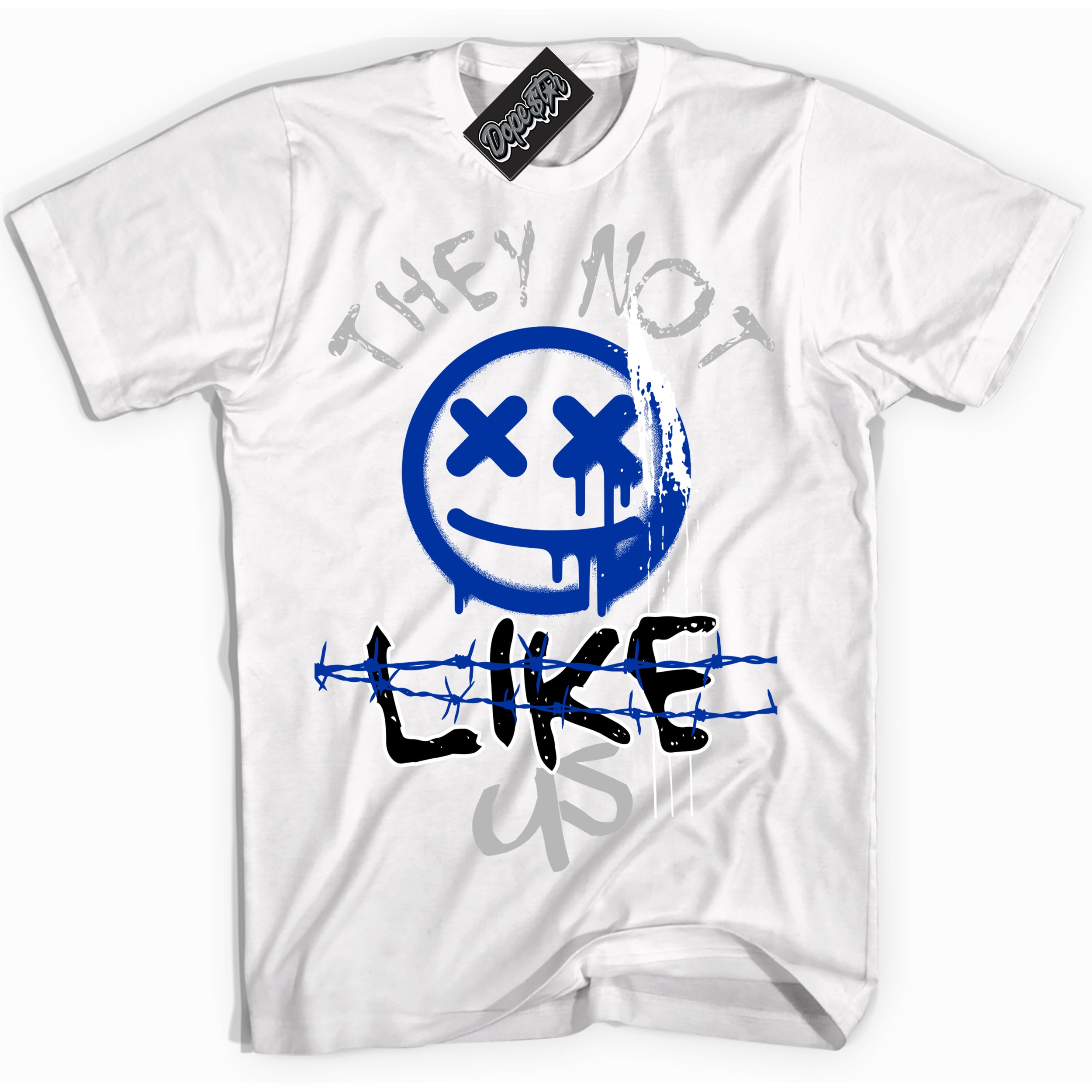 White “They Not Like Us” T-shirt by Dope Star Brand®, styled to match Deep Royal Blue 1s sneakers
