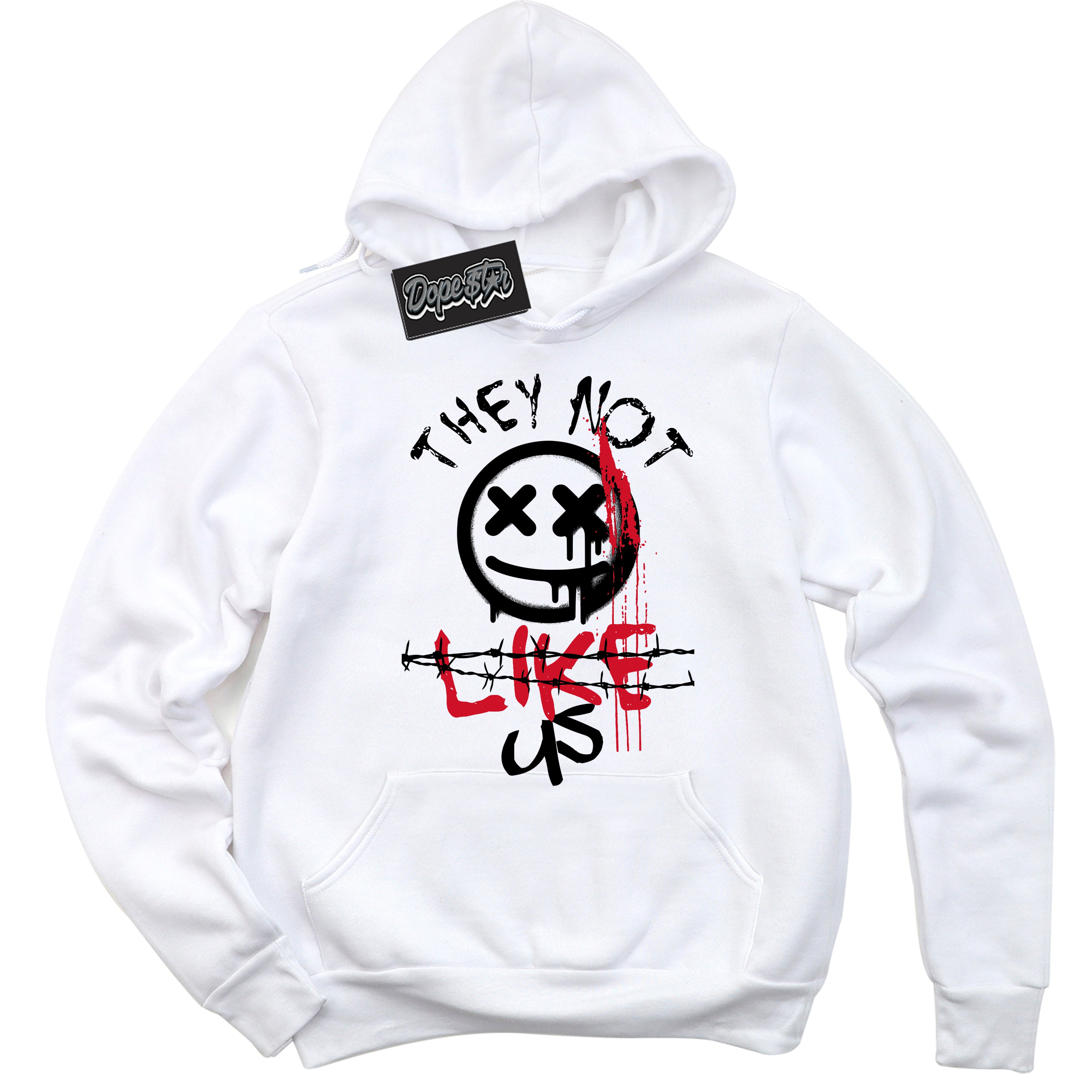 White “They Not Like Us” Hoodie by Dope Star Brand®, styled to match Black Toe 1s sneakers
