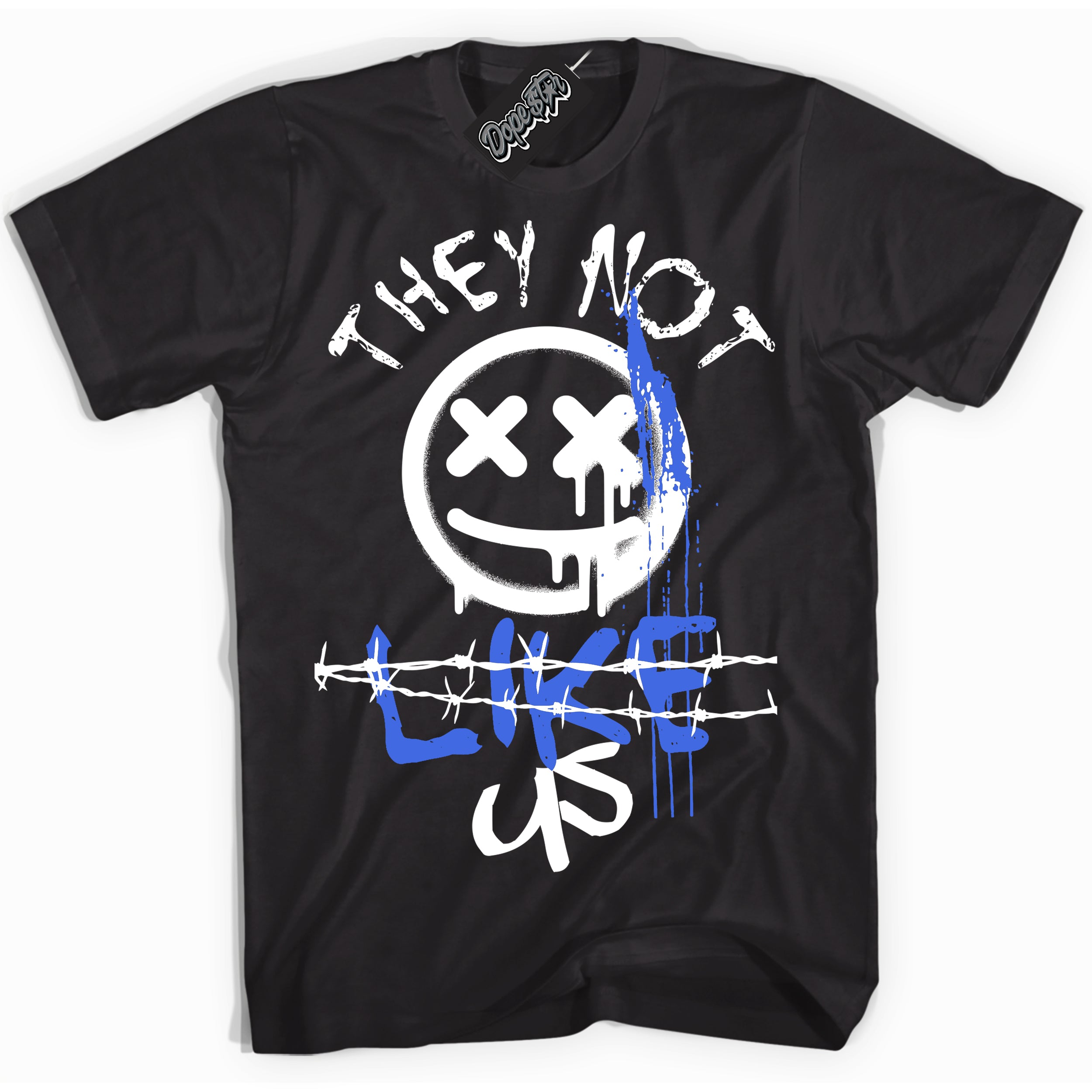 Black “They Not Like Us” T-shirt by Dope Star Brand®, styled to match Royal 1s sneakers
