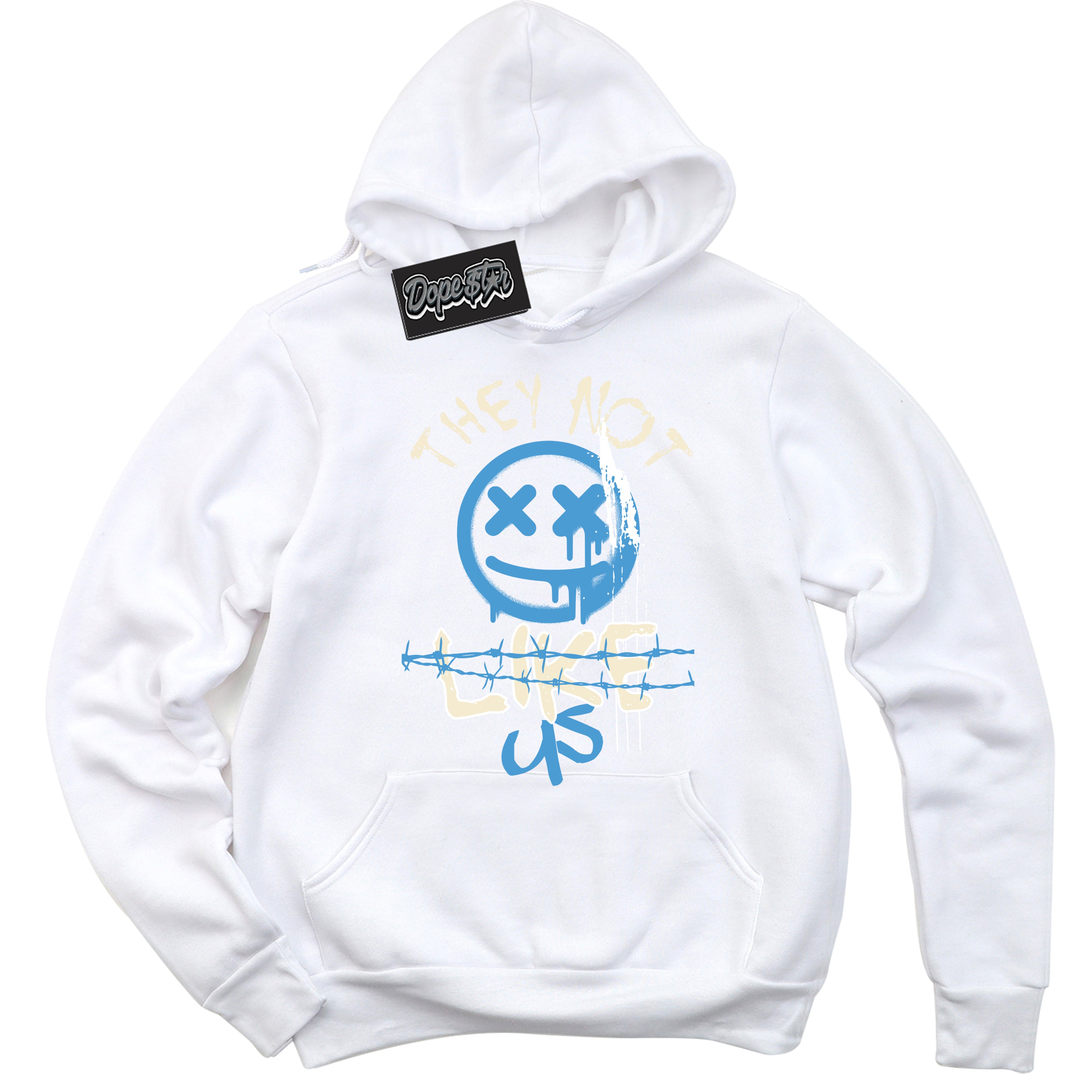 White “They Not Like Us” Hoodie by Dope Star Brand®, styled to match UNC Reimagined 1s sneakers
