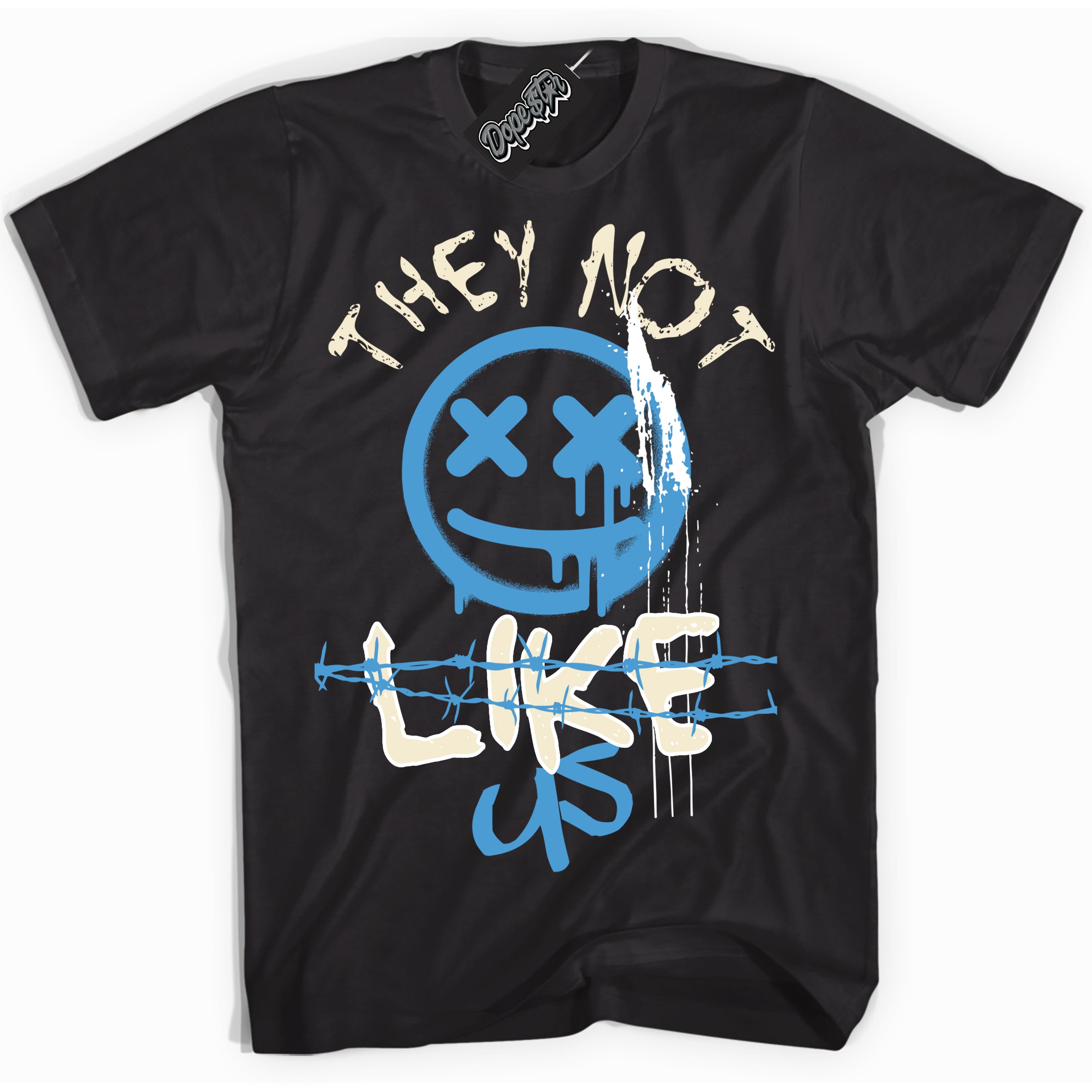 Black “They Not Like Us” T-shirt by Dope Star Brand®, styled to match UNC Reimagined 1s sneakers
