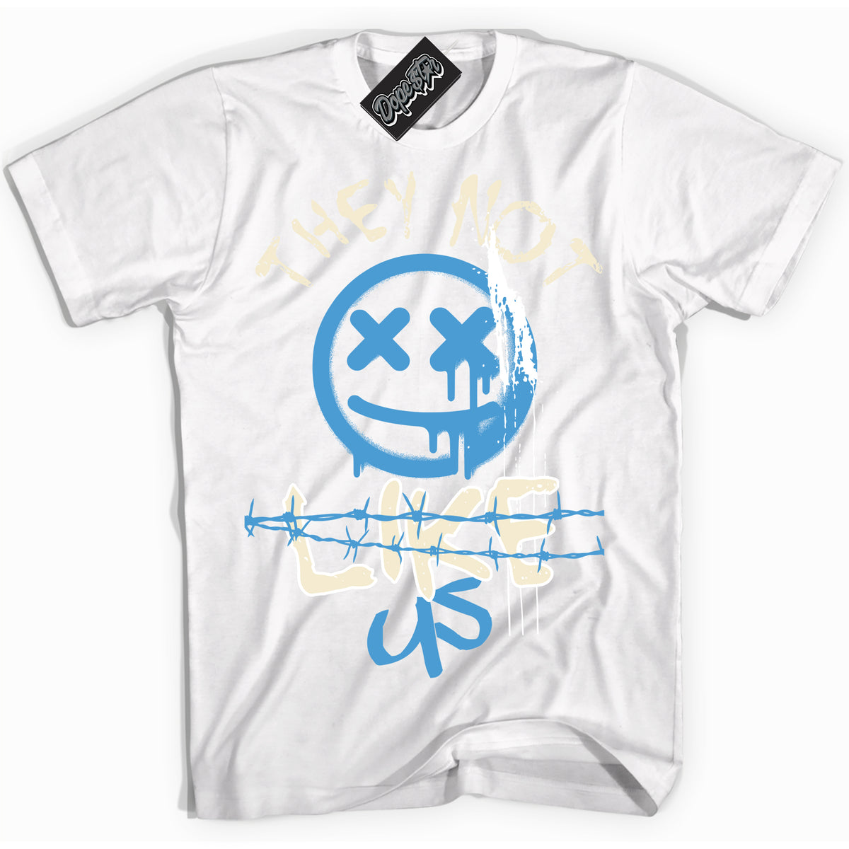 White “They Not Like Us” T-shirt by Dope Star Brand®, styled to match UNC Reimagined 1s sneakers
