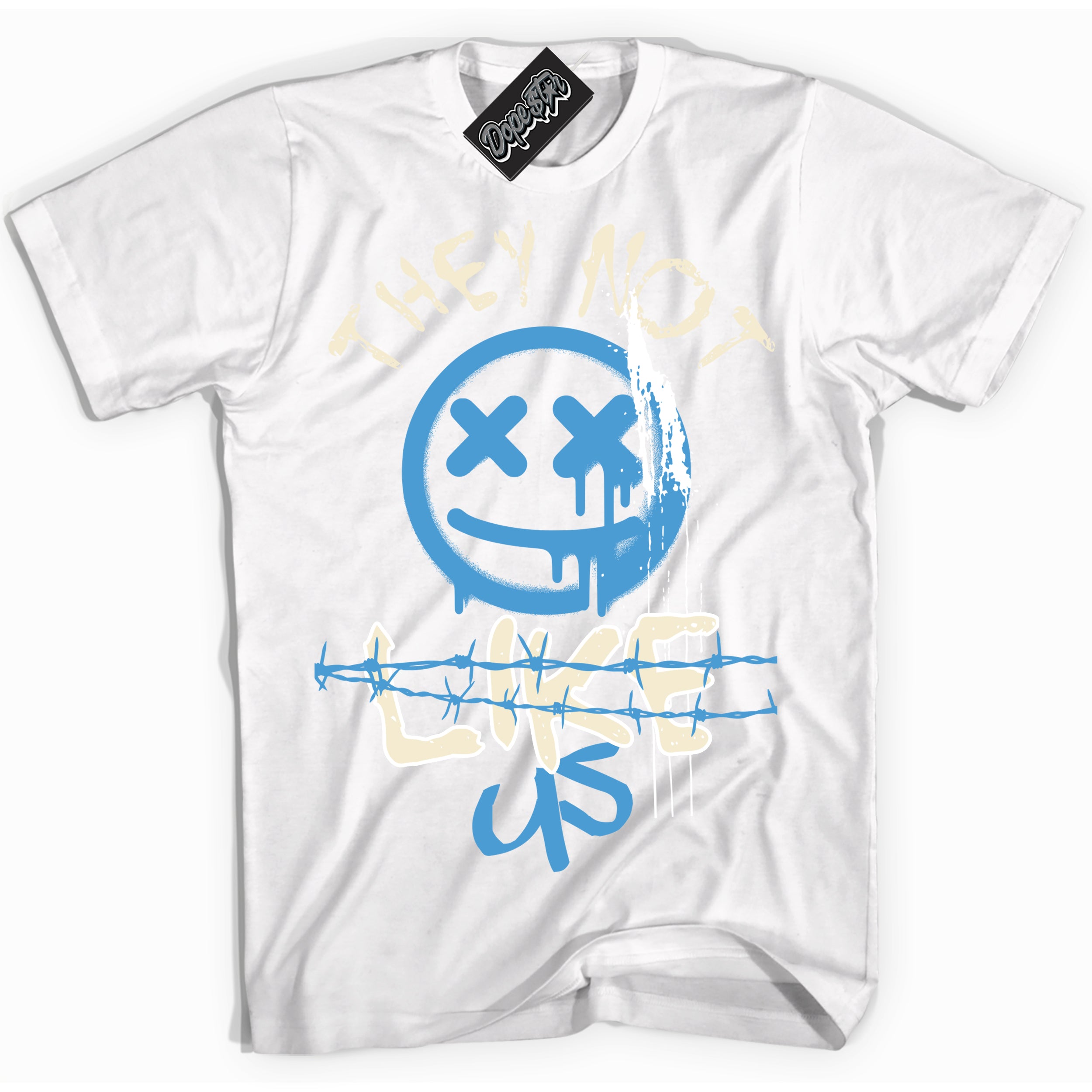 White “They Not Like Us” T-shirt by Dope Star Brand®, styled to match UNC Reimagined 1s sneakers
