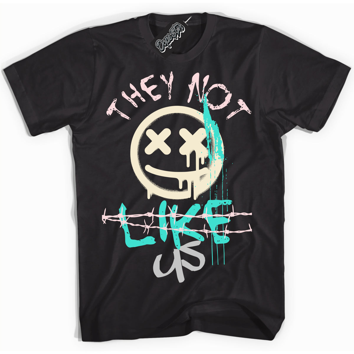 Black “They Not Like Us” T-shirt by Dope Star Brand®, styled to match Soft Pearl 1s sneakers
