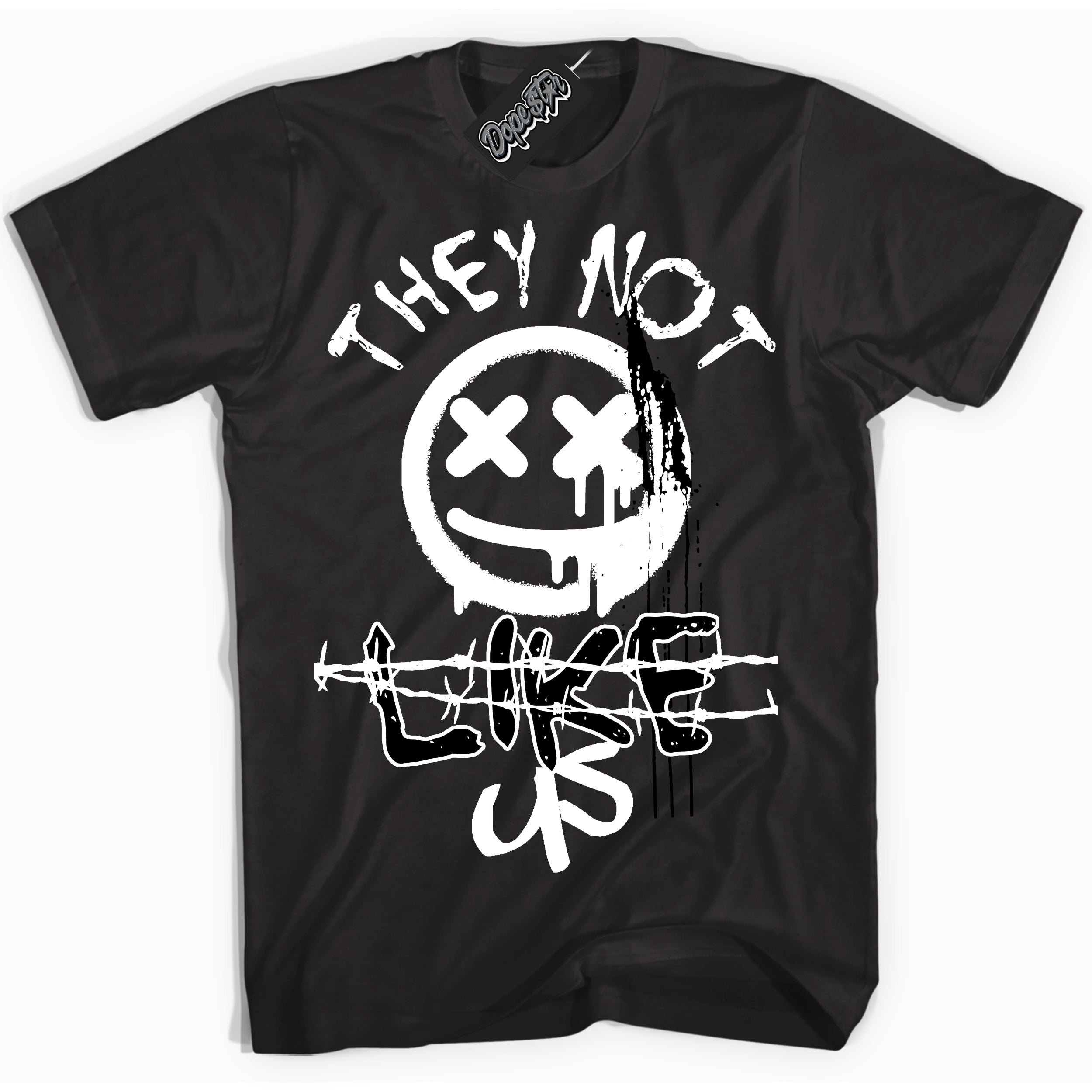 Black “They Not Like Us” T-shirt by Dope Star Brand®, styled to match Panda Dunk sneakers