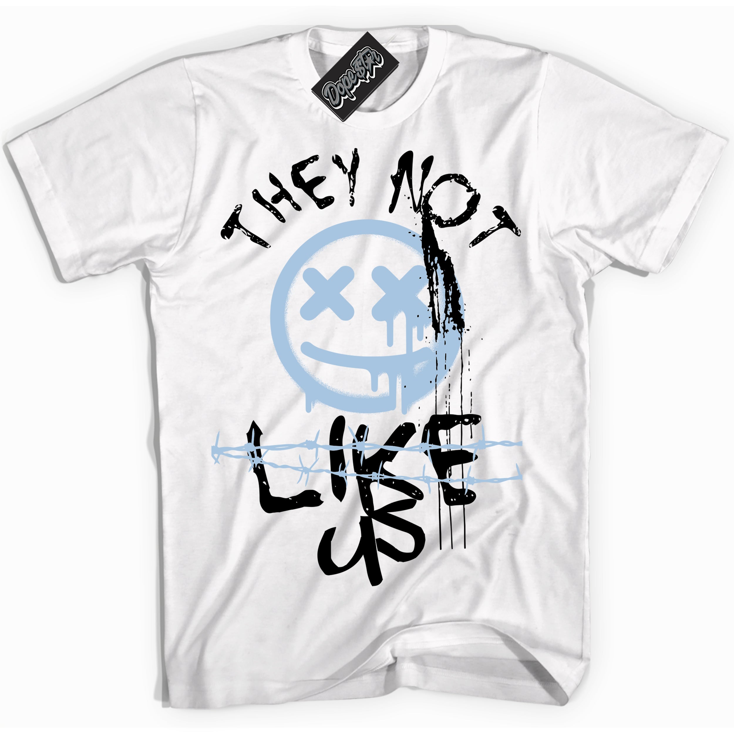 White “They Not Like Us” T-shirt by Dope Star Brand®, styled to match Reverse Panda Dunk 2.0 sneakers