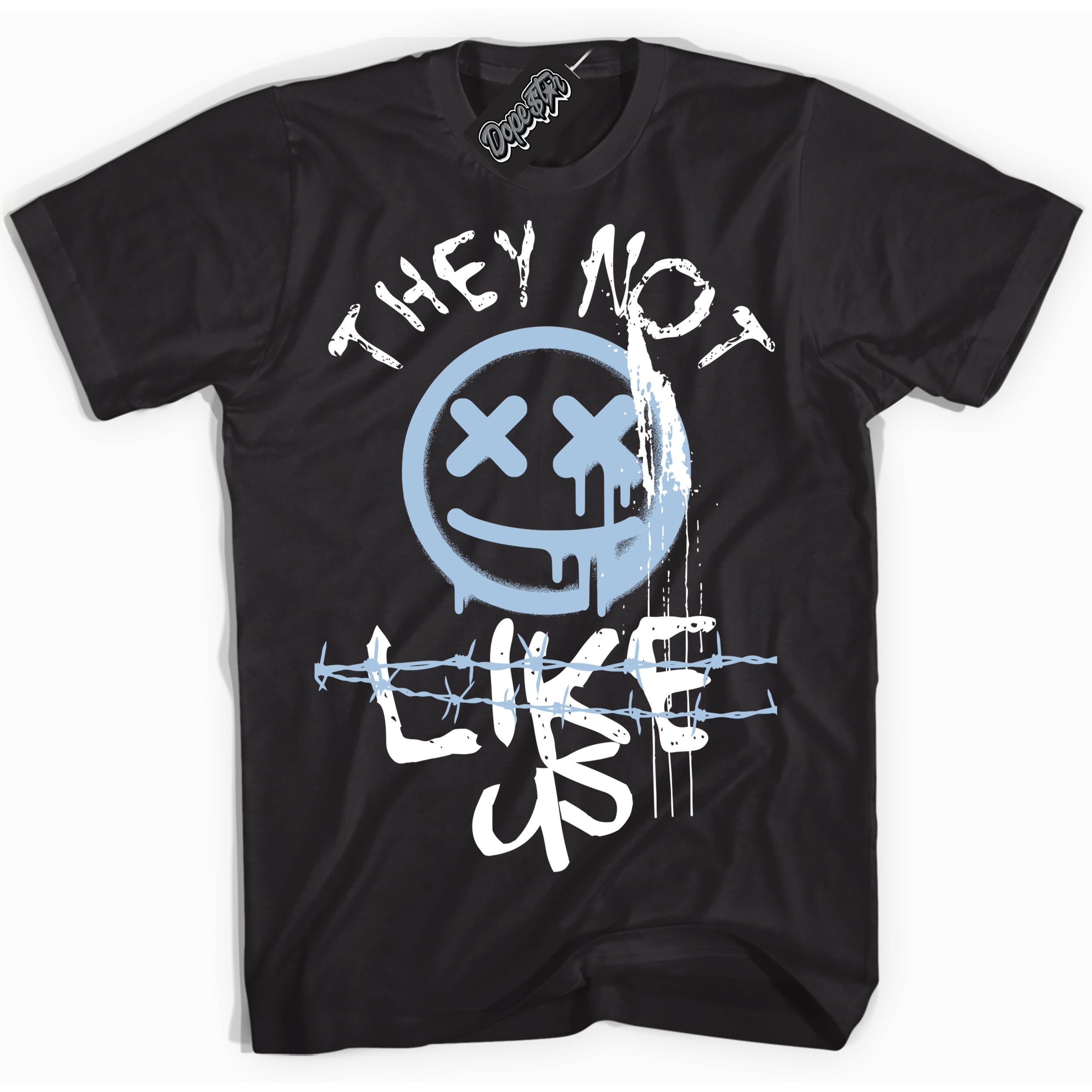 Black “They Not Like Us” T-shirt by Dope Star Brand®, styled to match Reverse Panda Dunk 2.0 sneakers