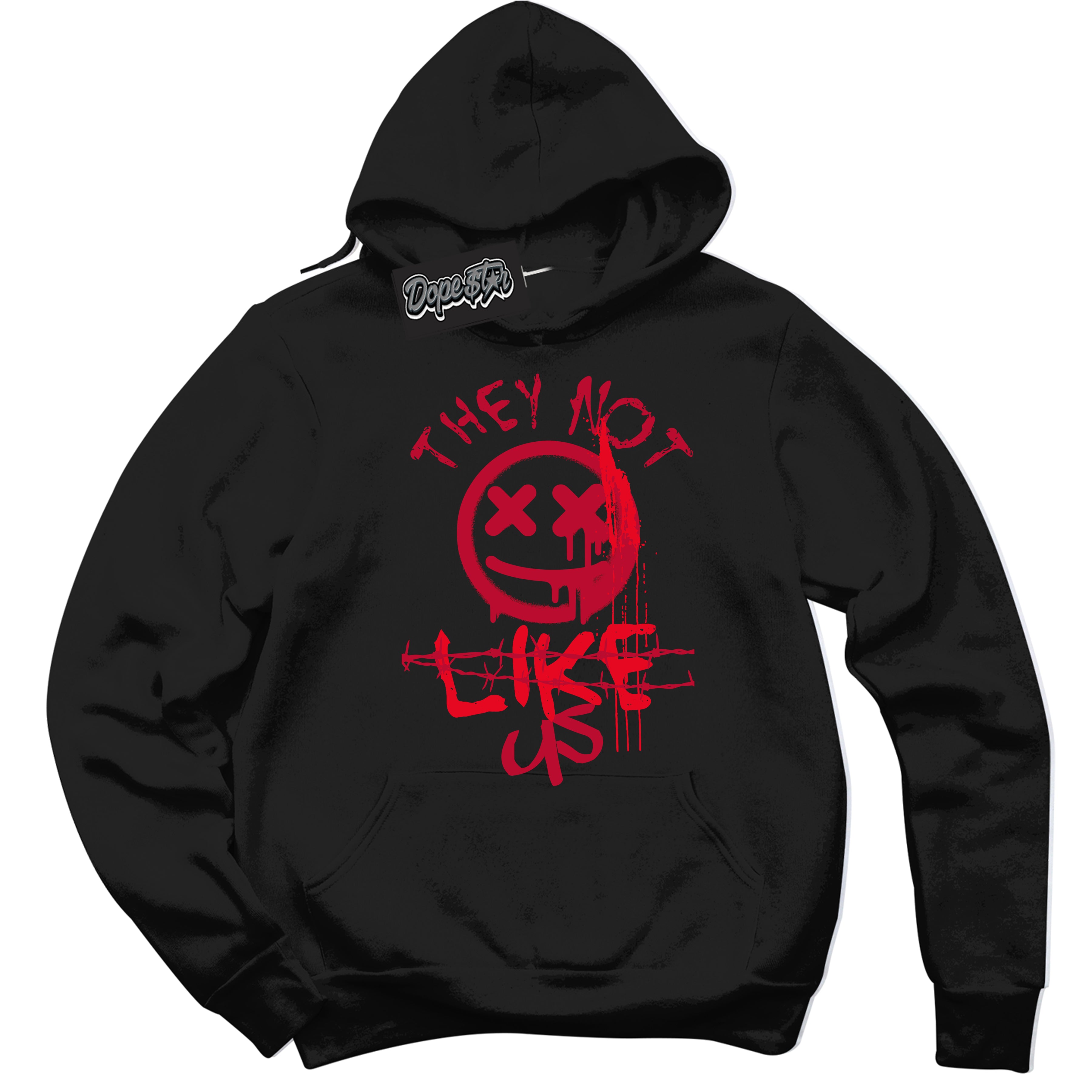 Black “They Not Like Us” Hoodie by Dope Star Brand®, styled to match University Red Dunk sneakers
