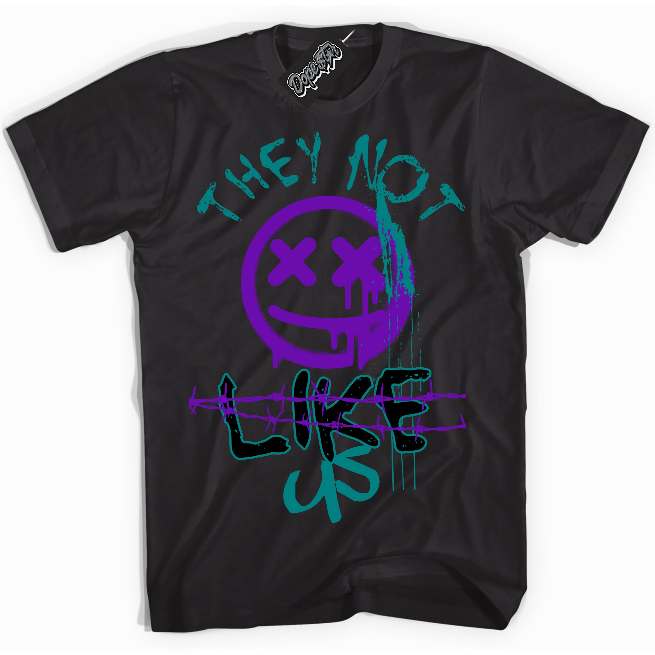 Black “They Not Like Us” T-shirt by Dope Star Brand®, styled to match Wizard Dunk sneakers
