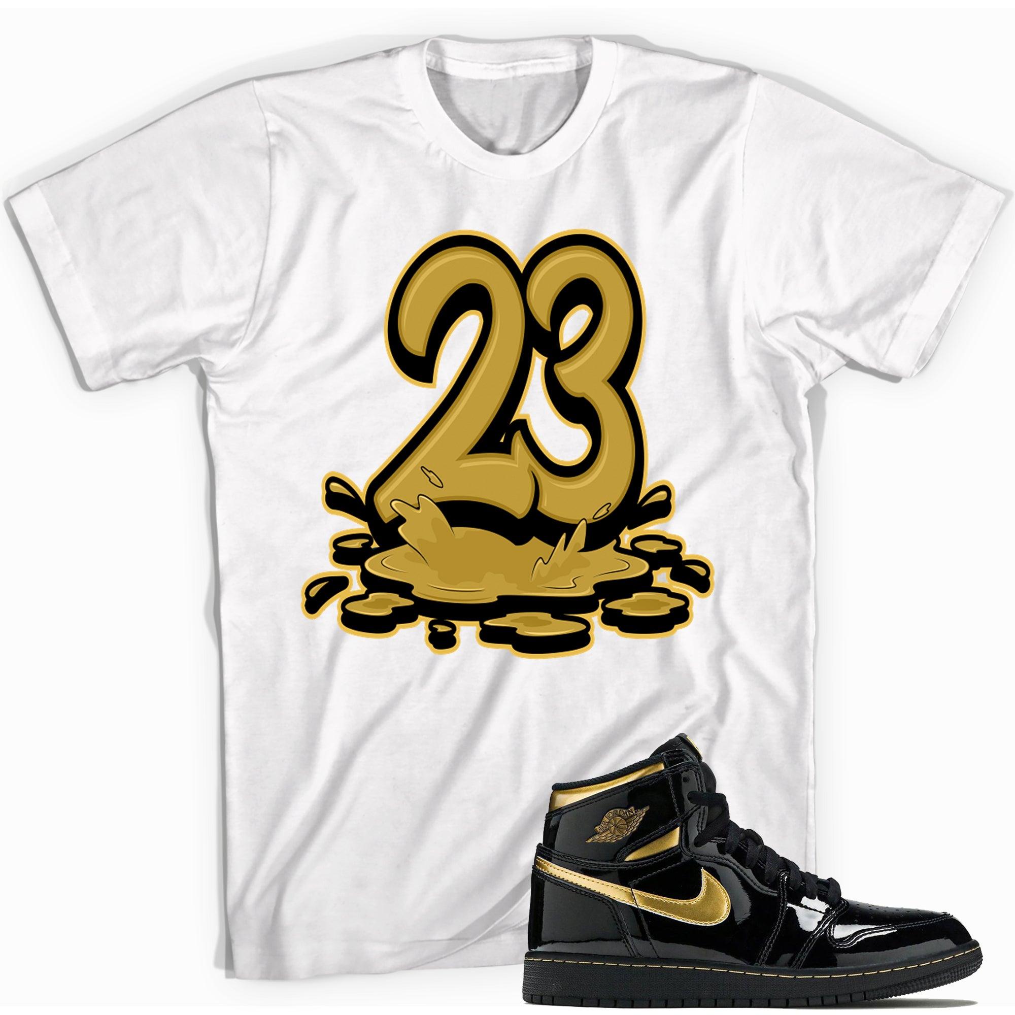 White Number 23 Melting Shirt AJ 1 Retro High OG Black Metallic Gold photo