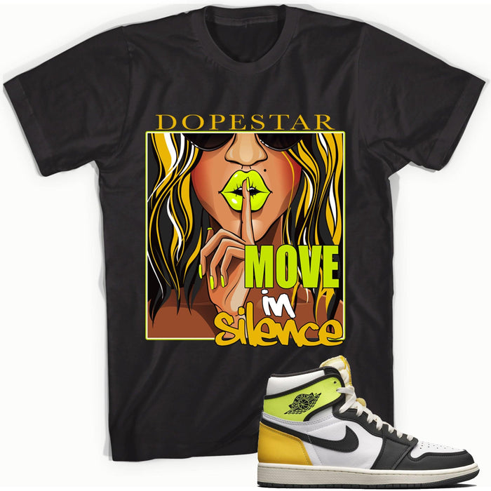 Move In Silence Sneaker Tee AJ 1 Retro High White Black Volt University Gold photo