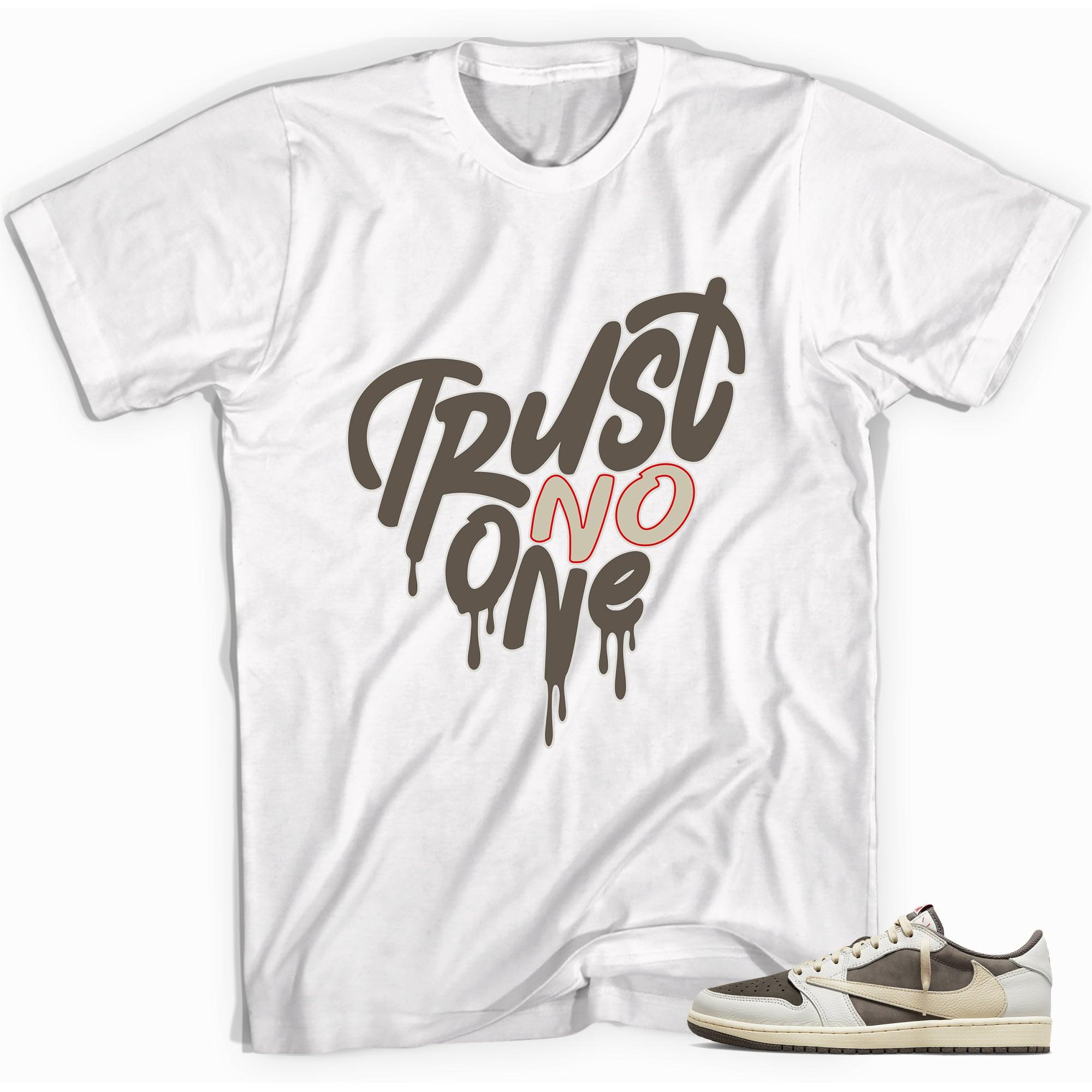 Trust No One Heart Shirt Jordan 1s Travis Scott Low Mocha photo