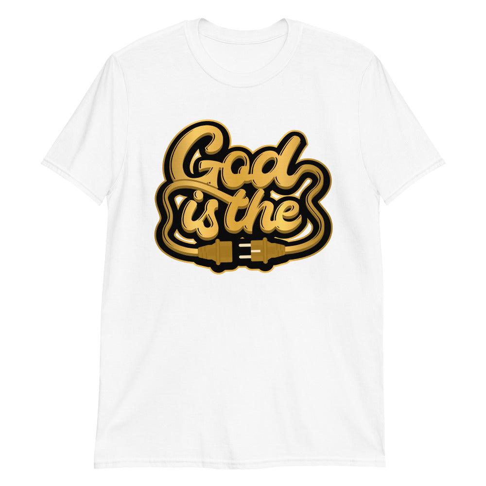 White God Is The Plug Shirt AJ 1s Retro High OG Metallic Gold photo